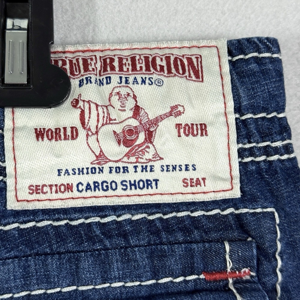 True Religion Cargo Shorts Men 36 Big T Red Stitch Denim Cut Off Drawstring Jean - Picture 7 of 15